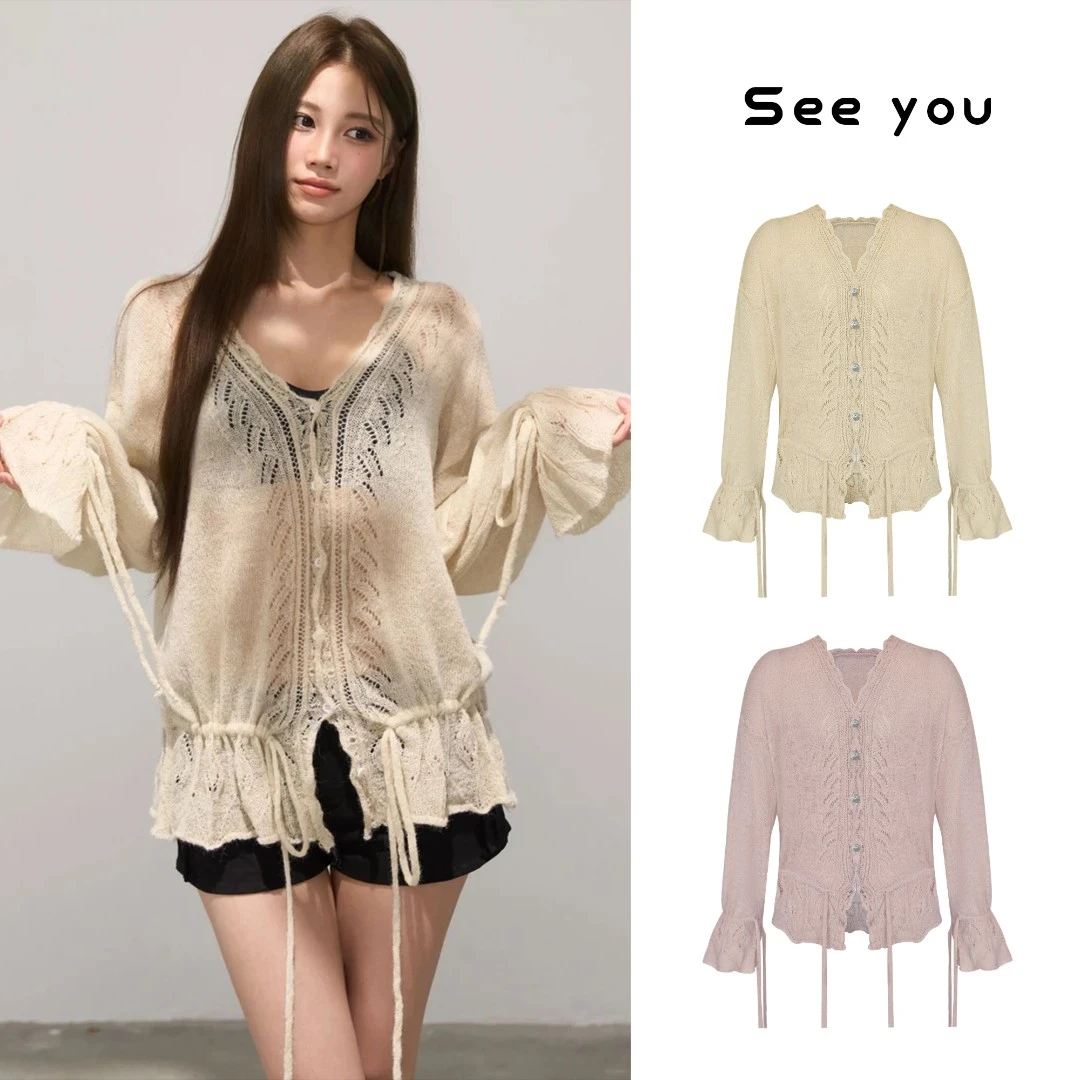 法式廓形宽松慵懒软糯抽绳V领显瘦针织开衫毛衣L1316