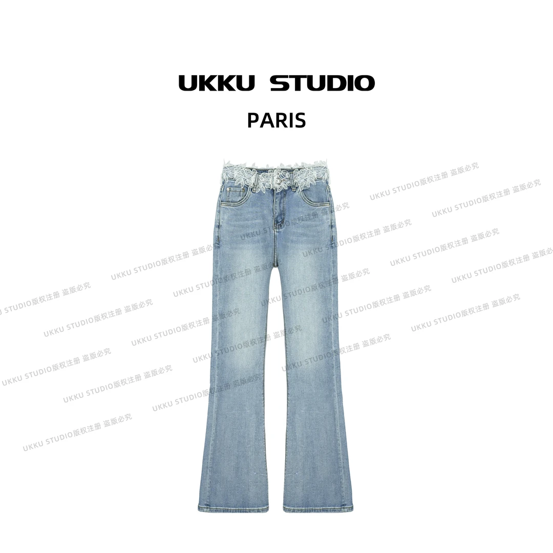 白白UKKU-蕾丝满天星原始蓝新款烫钻显瘦修身喇叭牛仔裤213877