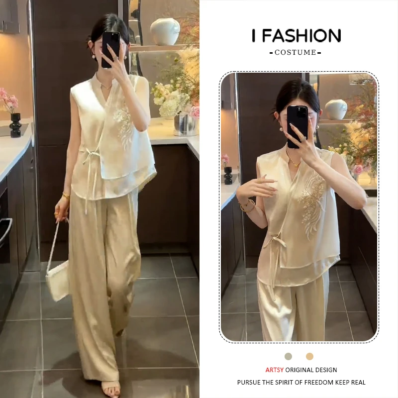 高级感国风时尚刺绣套装女2025年夏季新款慵懒风上衣直筒裤两件套
