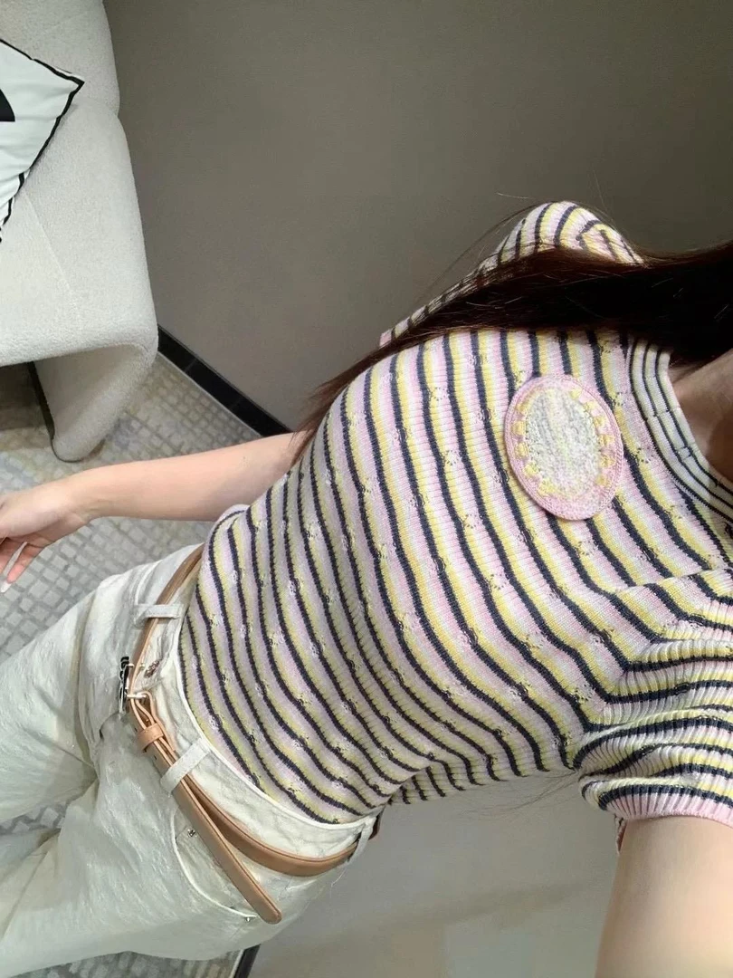 【YY2】香家字母刺绣条纹短袖