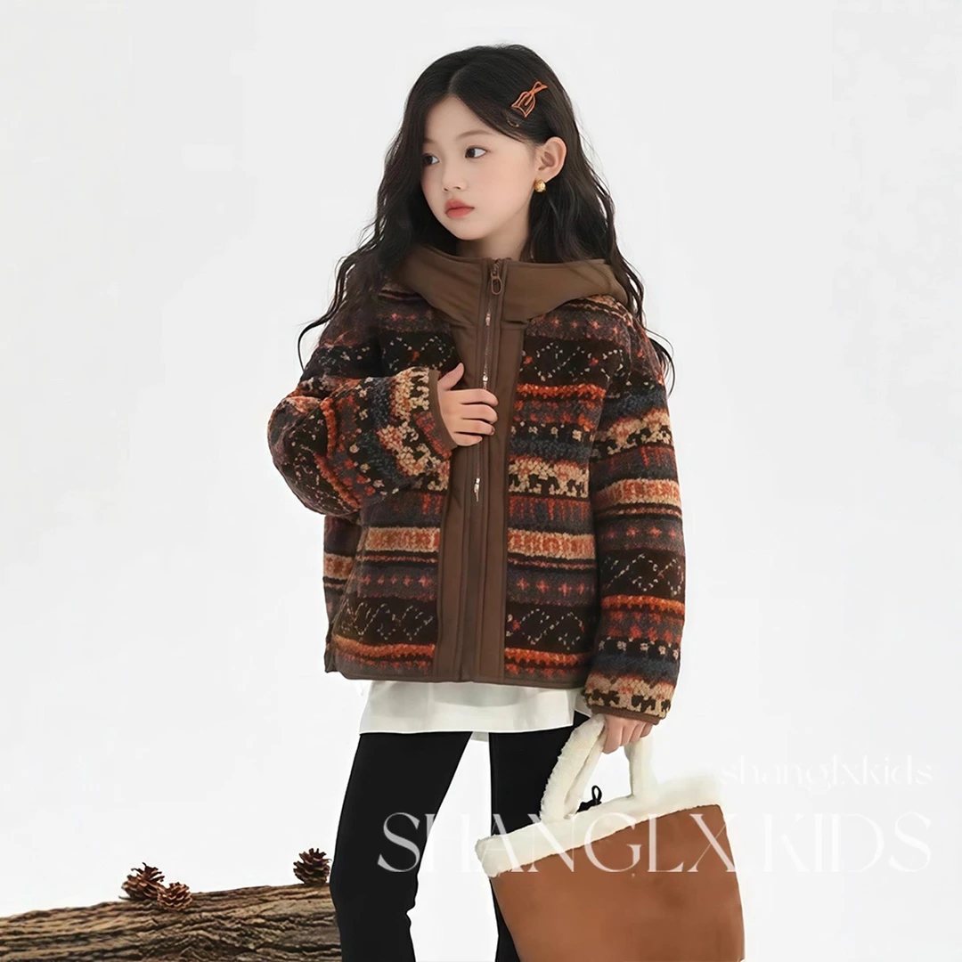 女童费尔岛夹棉保暖外套2025新款8-15岁中大童洋气加厚毛毛衣棉服