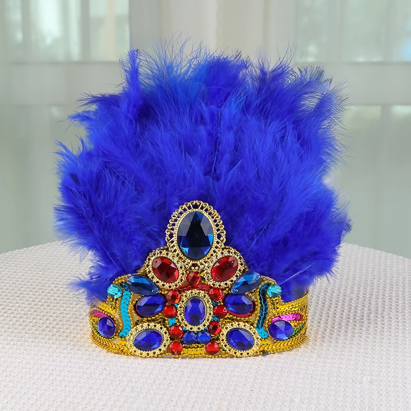 新疆舞蹈服新款羽毛镶钻空顶百搭舞台表演重工手工帽