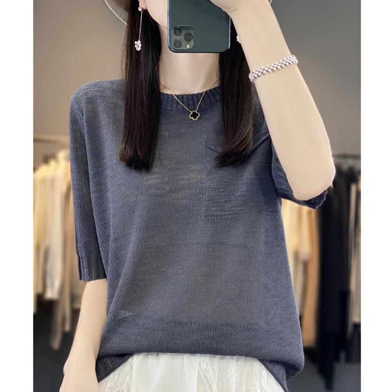 圆领竹节麻时尚上衣针织衫夏季百搭显瘦慵懒凉爽针织衫打底衫