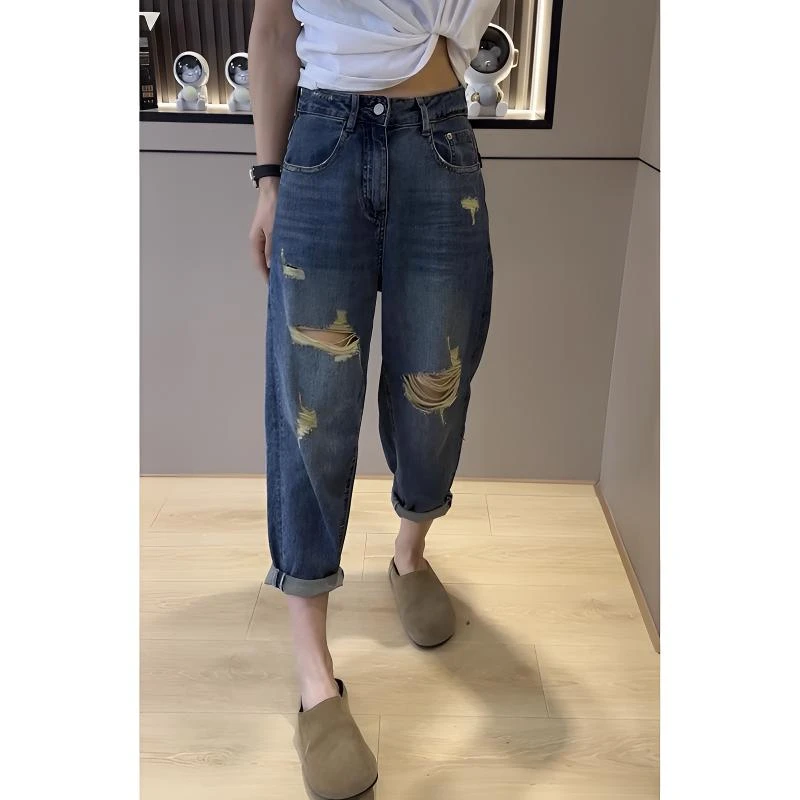 梨形身材微胖穿搭大码女装破洞牛仔裤子女显瘦九分洋气哈伦老爹裤