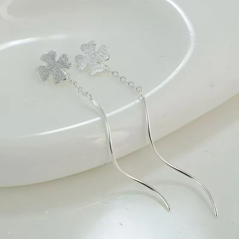 足银耳饰 耳环999中国风简约磨砂四叶草波浪耳线