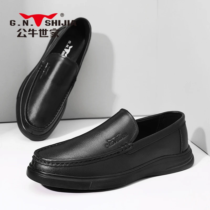 公牛世家2025秋季新款休闲皮鞋一脚蹬舒适内里真皮时尚黑色皮鞋