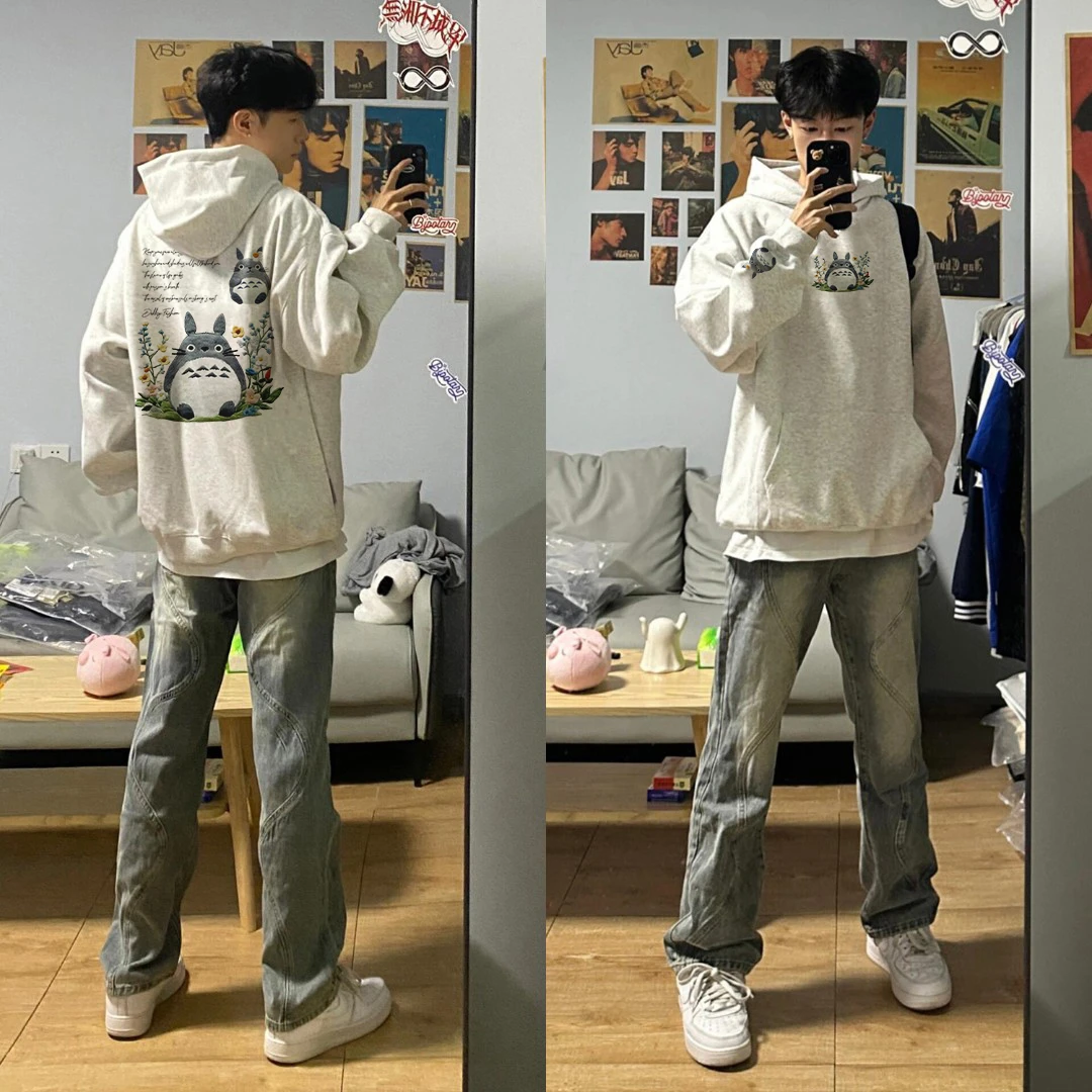 美式潮流个性龙猫印花宽松连帽卫衣男女秋冬季休闲百搭情侣上衣