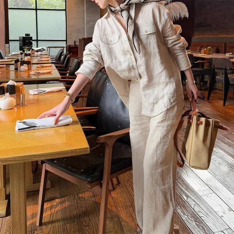 老钱风亚麻衬衫套装女2025夏新款简约气质轻奢宽松防晒衬衣两件套