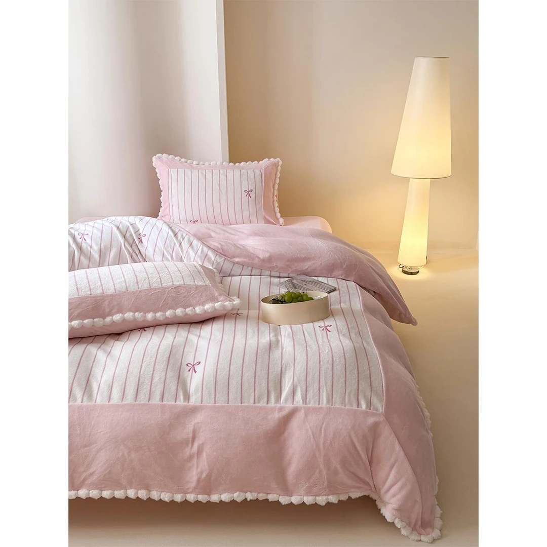 少女心印花双面保暖牛奶绒四件套冬季兔兔绒花边被套床单床上用品