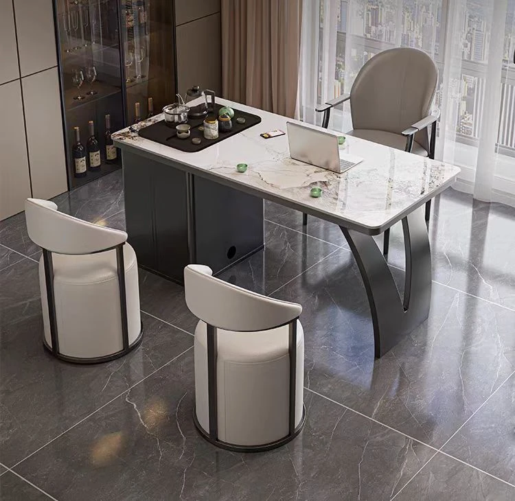 意式轻奢茶桌书桌现代简约办公室泡茶桌 家用岩板茶台桌椅组合