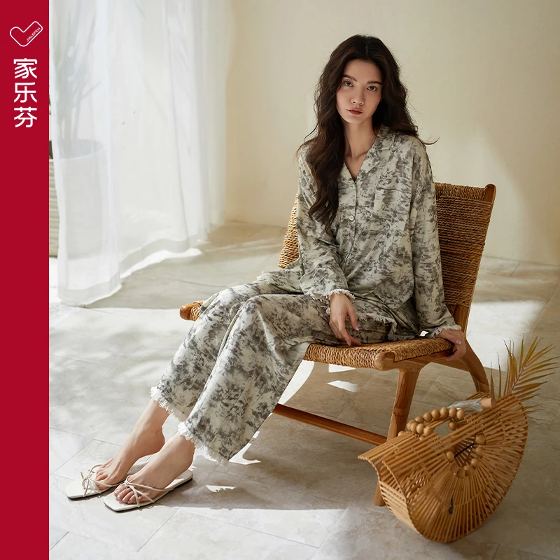 家乐芬睡衣女春秋款莫代尔长袖家居服夏季大码薄款冰丝套装水墨画