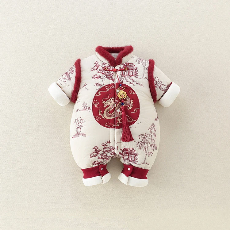 婴儿国风连体棉衣满月百天周岁服新中式男宝宝外出衣服冬装拜年服