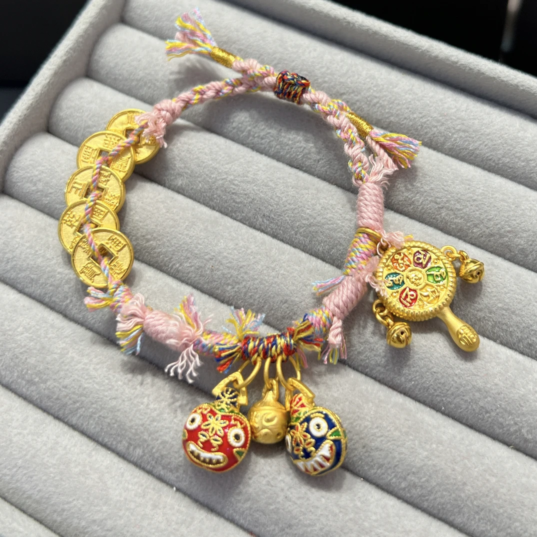 足金999吞金兽一家三口转运珠手串黄金手绳彩色情侣款黄金手链