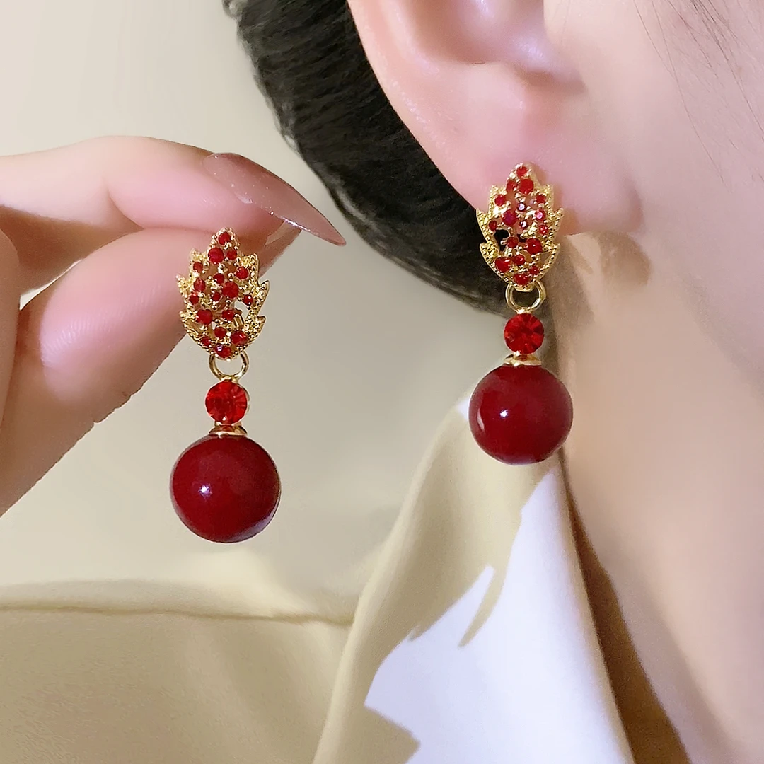 铜合金仿珍珠耳饰 时尚气质百搭超闪锆石红色叶子珠珠耳环1221