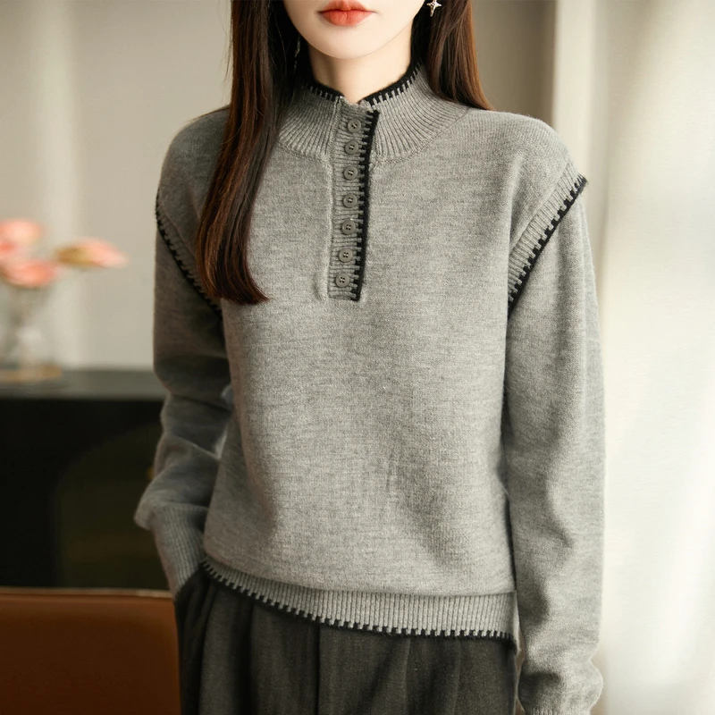 品牌秋冬撞色立领针织衫长袖时尚休闲百搭套头宽松