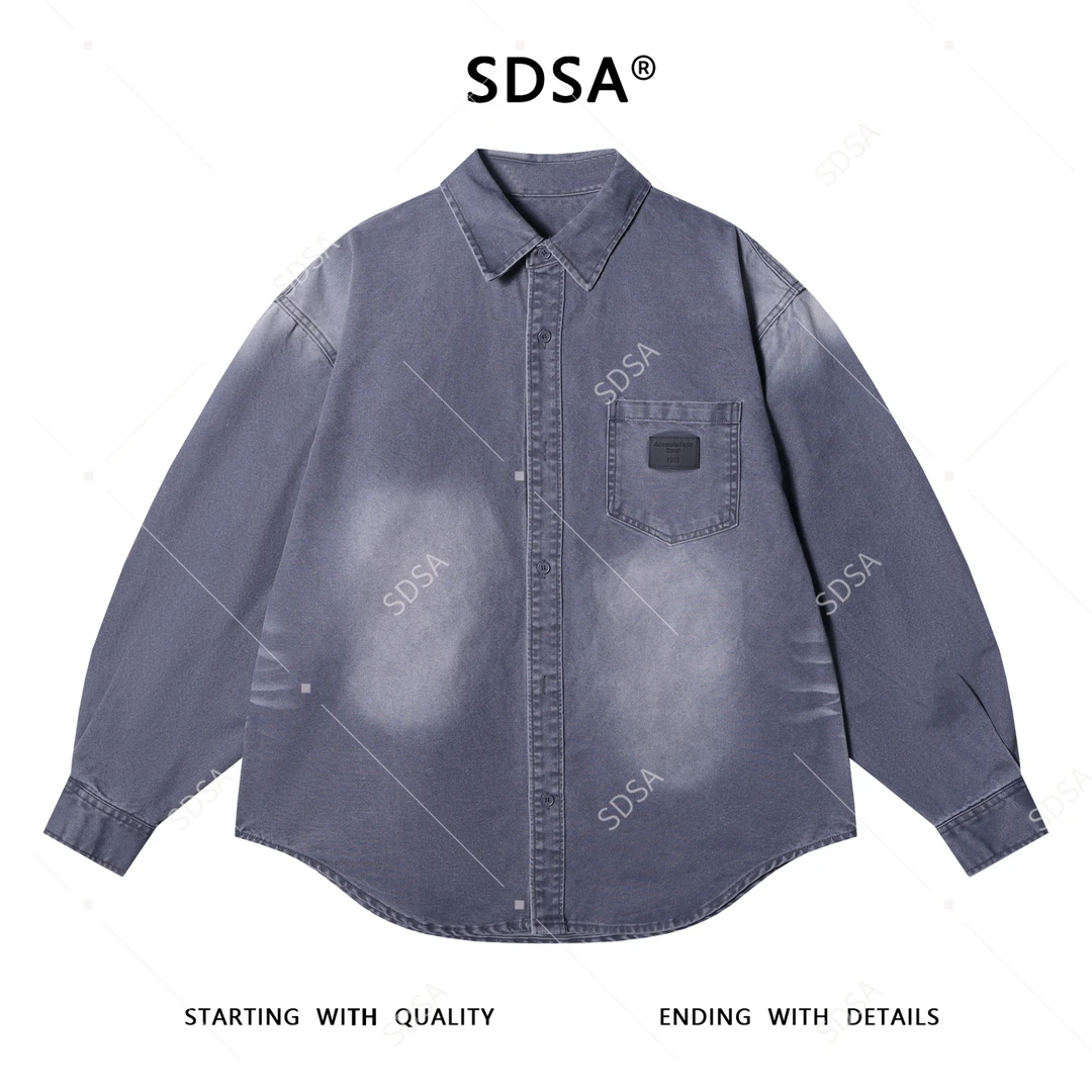 SDSA男士秋冬新款痞帅男装时尚韩版做旧纽扣翻领牛仔长袖衬衫百搭