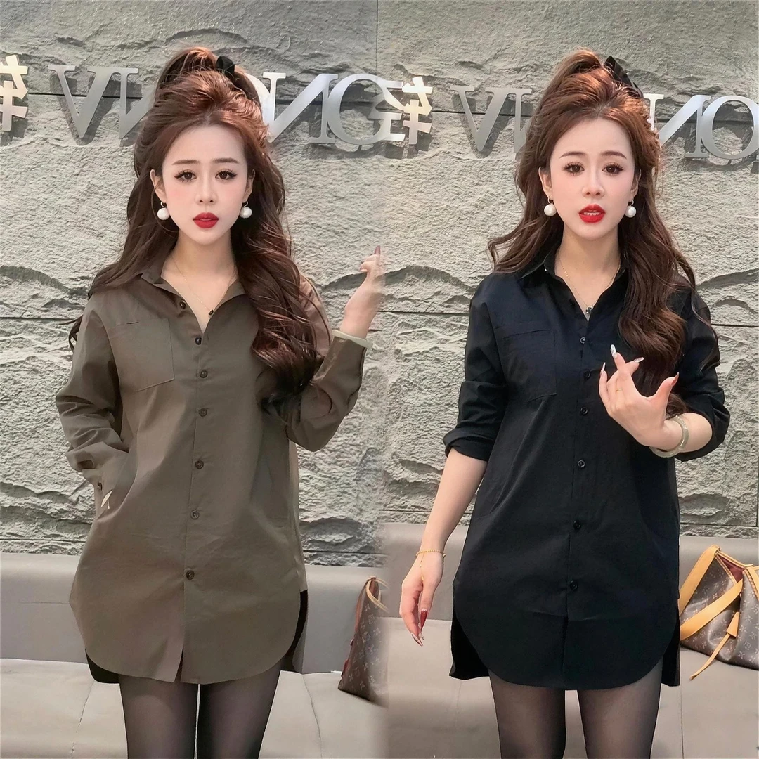 2025冬季新款长款拼接常规款时尚纯色打底开叉小众衬衫领女装衬衫