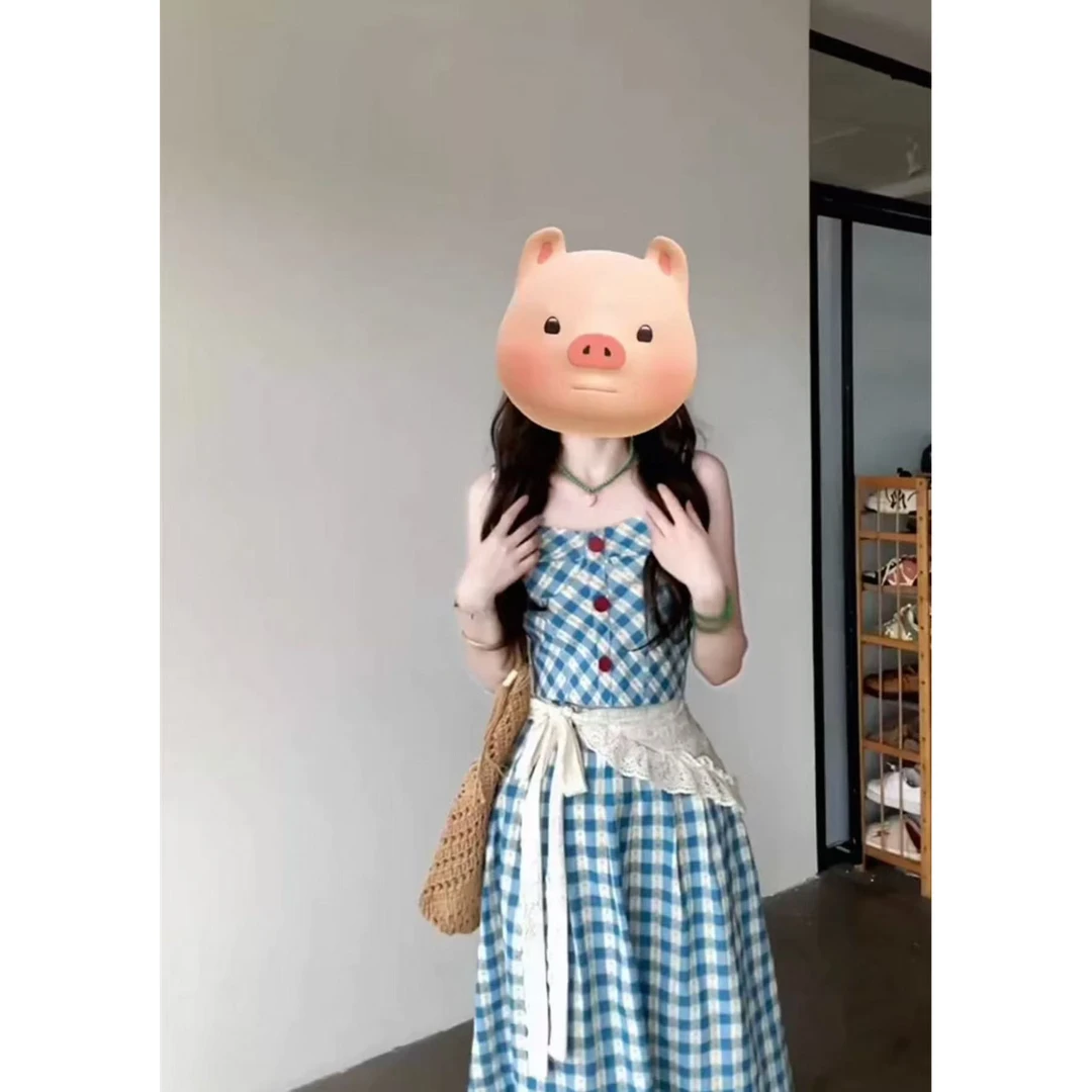 小个子学院风蓝色格纹吊带连衣裙子女夏半身裙两件套