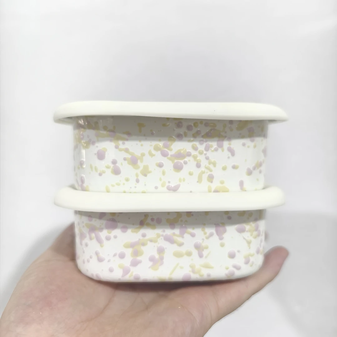 【大白专属】14厘米 容量0.5L 黄粉内外泼墨 家用搪瓷方形保鲜盒