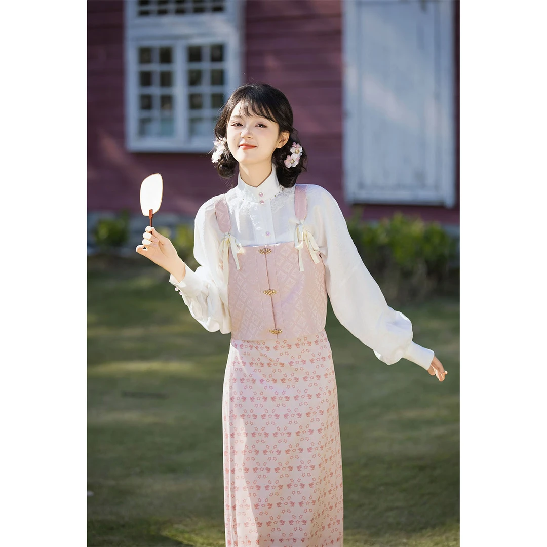 秋木木原创汉服【桃夭】新中式国风立领对襟短衫主腰两片裙套装春