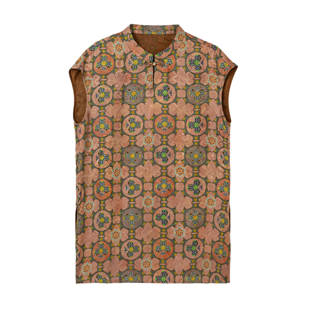 【栀梦】新中式斜襟短袖复古提花小衫短袖薄款国风花色上衣A512253