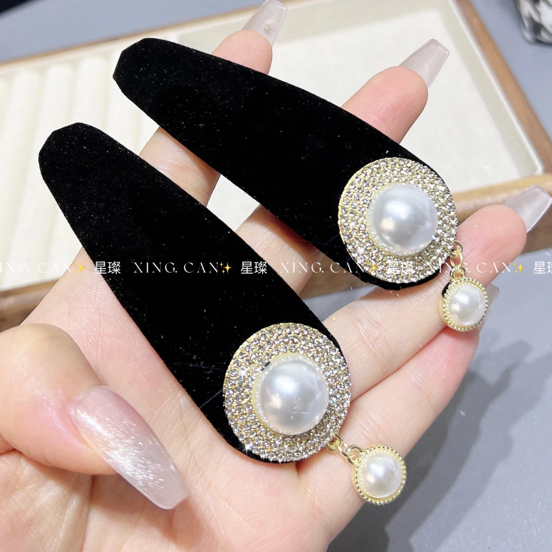 黑色丝绒珍珠吊坠BB夹轻奢小香风简约复古时尚百搭发饰头饰