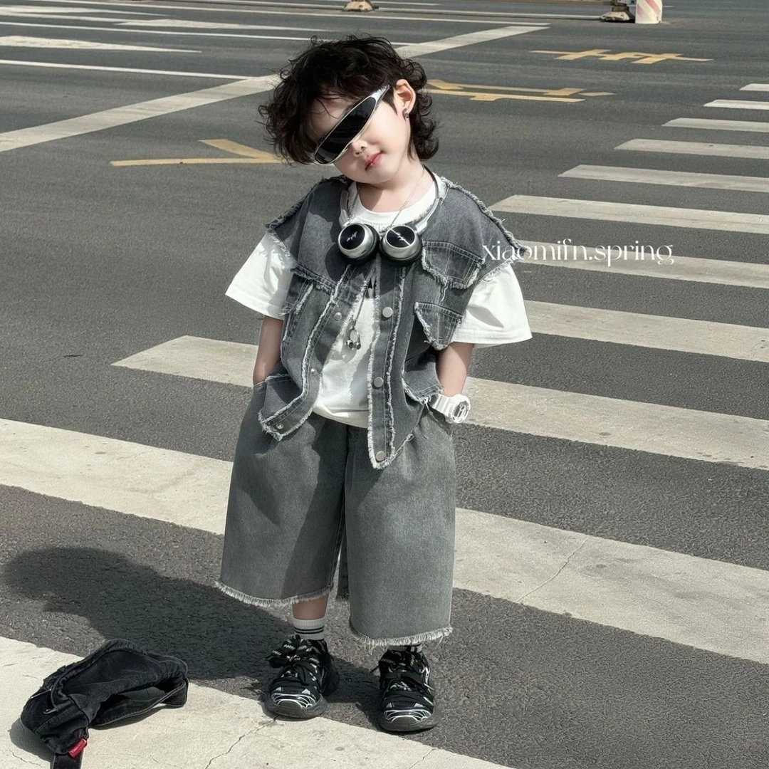 男童夏季水洗牛仔破边马甲七分短裤潮酷帅气潮流凉爽舒适感三件套