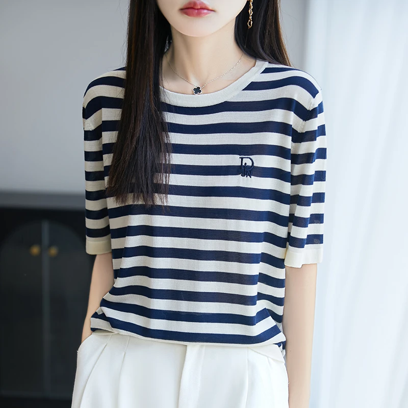 哥弟阿玛施官方夏季新款莱赛尔天丝圆领条纹宽松休闲针织衫T恤女