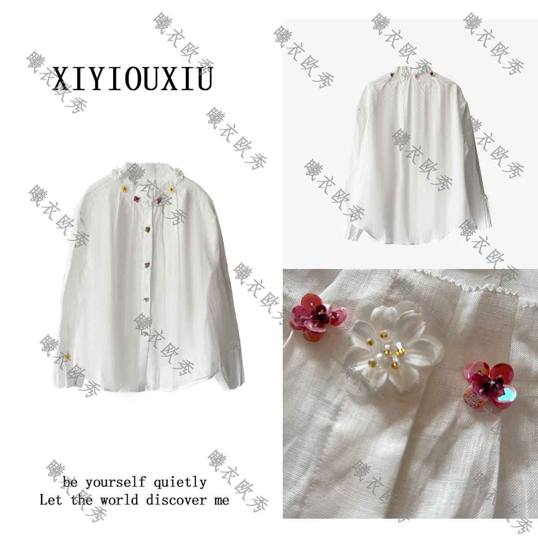辰曦同款【蔷薇花开】创意款气质女神钉珠花朵棉麻衬衫