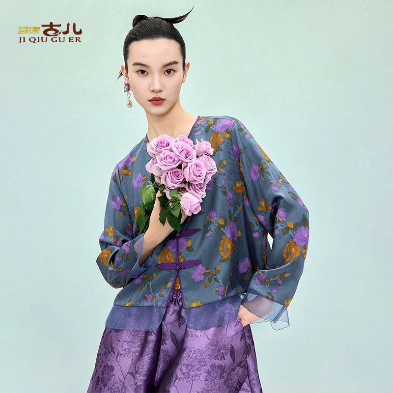 吉丘古儿暖阳新中式提花上衣原创设计拼接正肩长袖衬衫蓝G251Y004