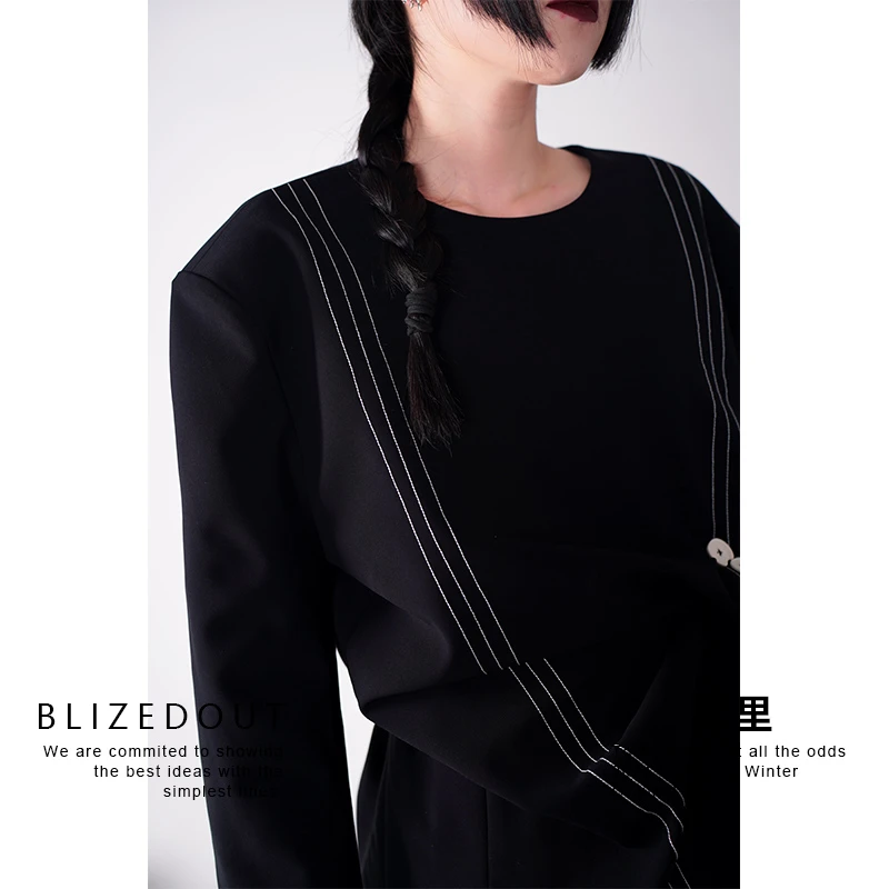 笔里【BLIZEDOUT】原创设计3102205黑色白线阔肩秋冬长袖卫衣套头衫