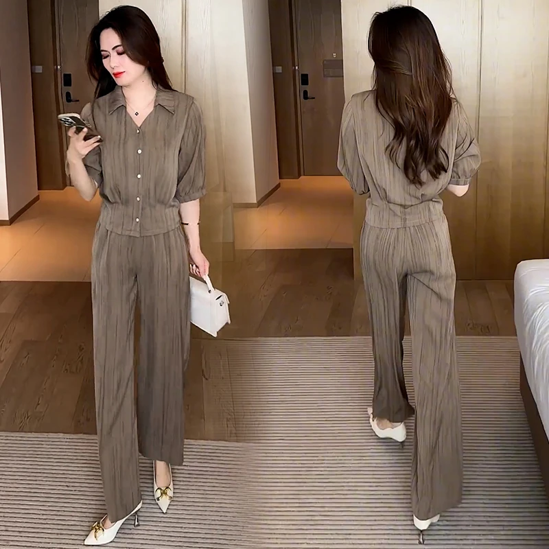 冰丝时尚套装女夏季新款洋气收腰显瘦短袖上衣阔腿裤休闲两件套潮