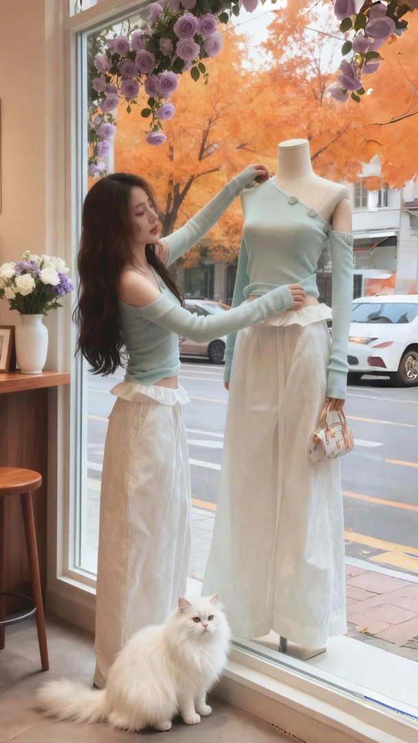 韩系早秋穿搭套装辣妹斜领立体花朵针织衫女高腰花边阔腿裤两件套