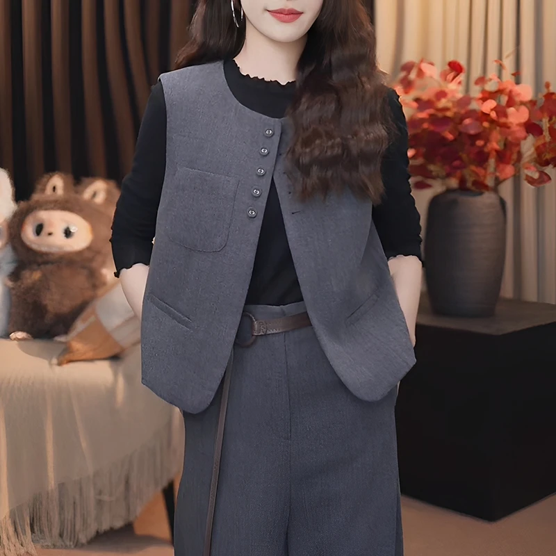 时尚西装套装女2025春秋新款洋气显瘦无袖马甲打底衫阔腿裤两件套