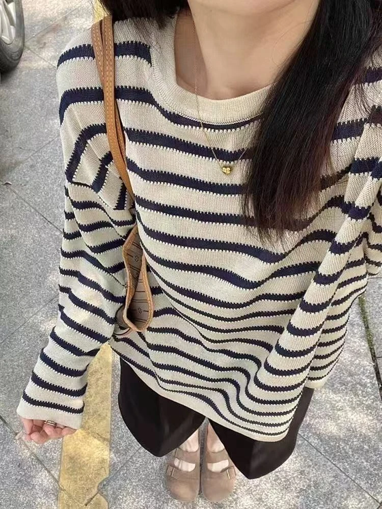 条纹针织衫T恤薄款夏季罩衫女感外搭薄纱空调衫撞色冰凉上衣松弛