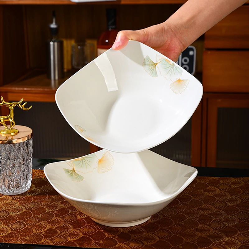 金银杏叶8英寸翘角碗2只装陶瓷菜盘简约菜盘酒店家用创意