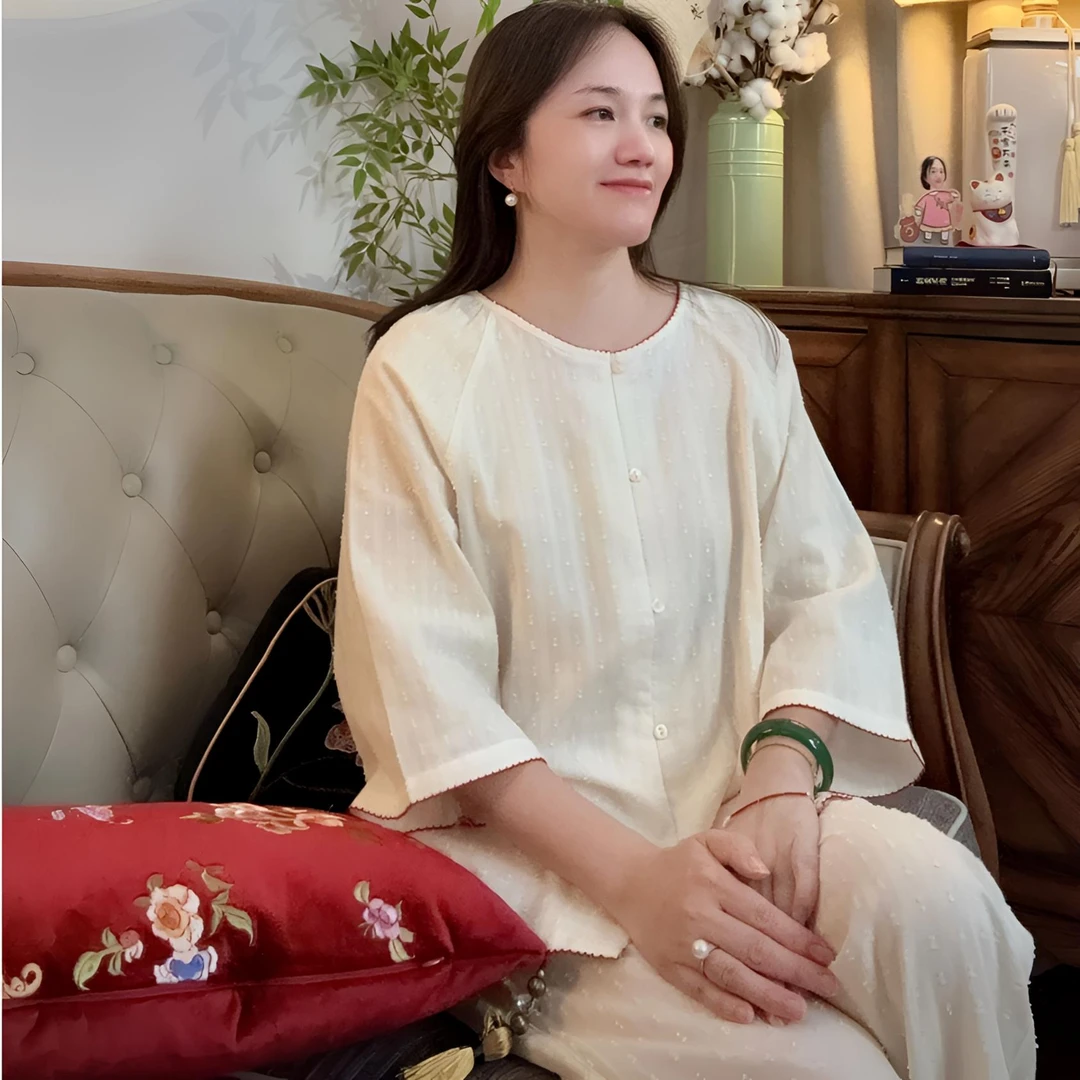 【段姐家居服】全棉双层棉纱七分袖长裤睡衣套装亲肤透气可外穿溜达