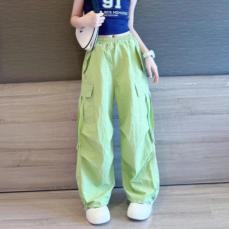女童绿色工装裤夏季2024新款儿童薄款裤子女孩大童夏装冰丝阔腿裤