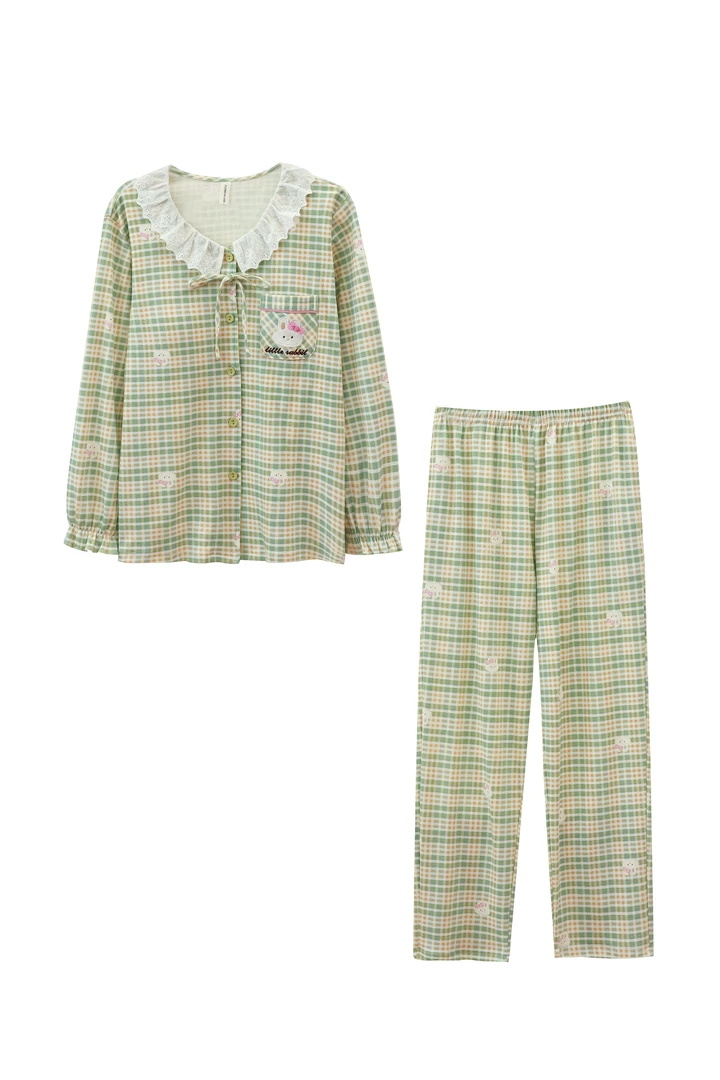 zuomeng/佐梦春秋睡衣女长袖长裤纯棉带胸垫格子甜美套装家居服