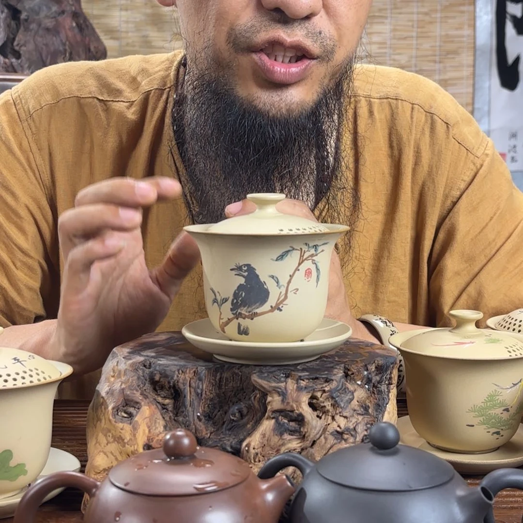 杯建水紫陶白泥彩绘盖碗