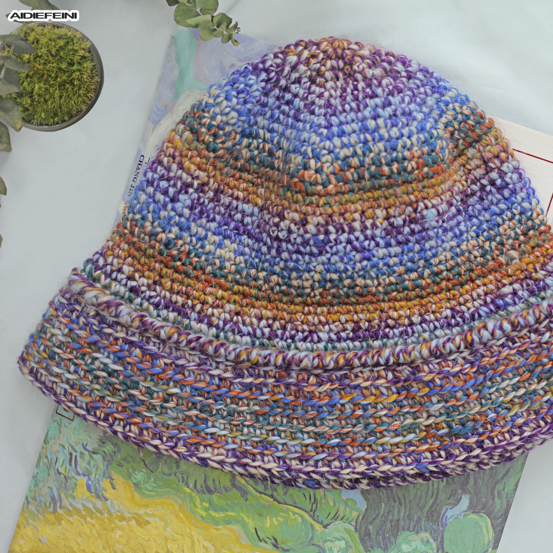 秋冬季手工编织新款渐变条纹渔夫帽复古渐变显脸小时尚百搭盆帽