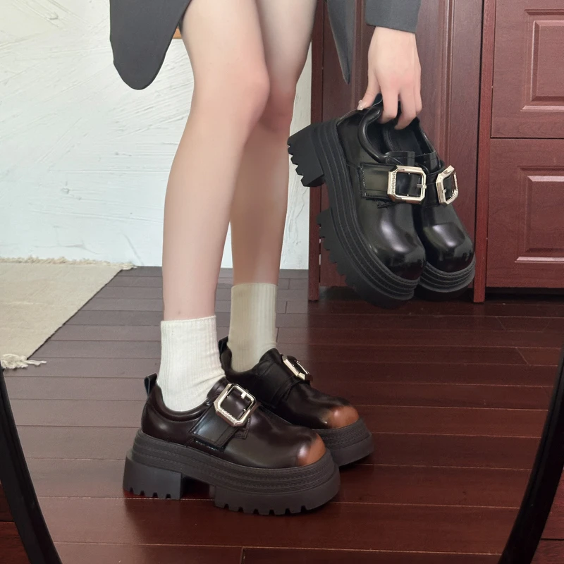 2025秋季新款英伦风厚底增高乐福大头小皮鞋女复古时尚小个子单鞋
