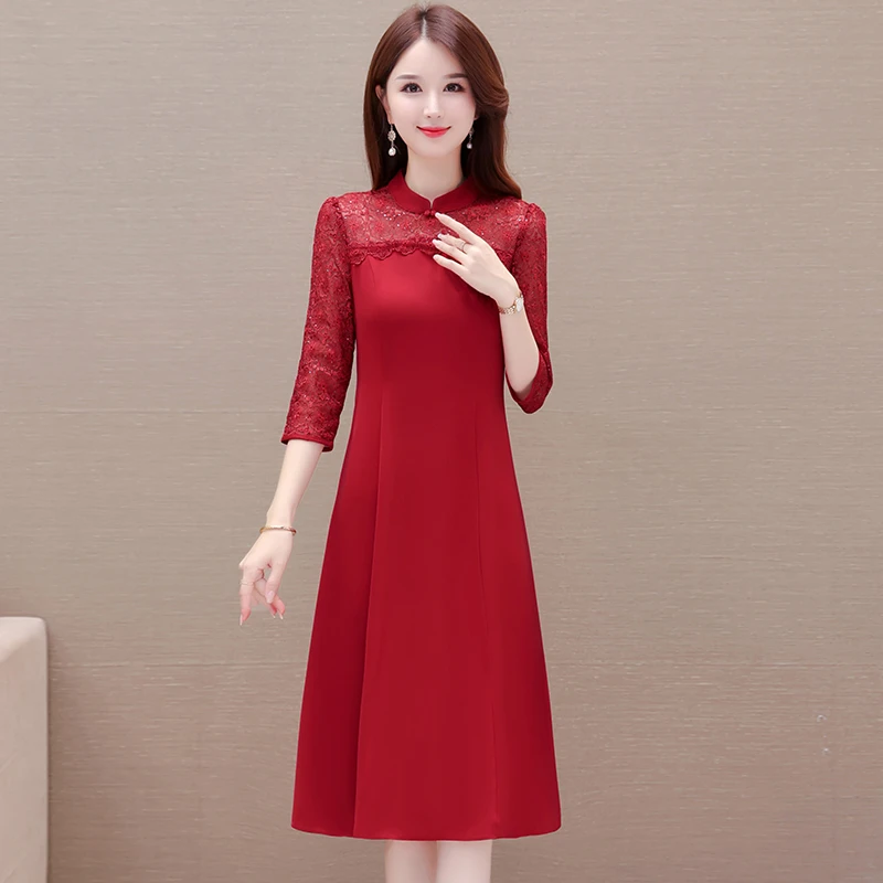 连衣裙女旗袍礼服春秋气质洋气中长款裙子妈妈装显瘦长袖高贵时尚