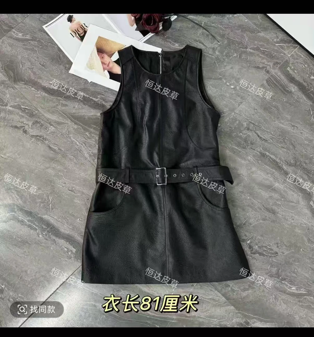 【远山]真皮无袖设计师网红文艺中长裙气质