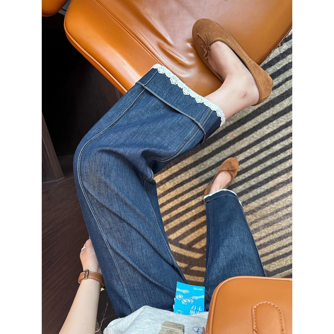 时髦蕾丝边~！设计感阔腿牛仔裤女2025秋季新款九分翻边直筒裤