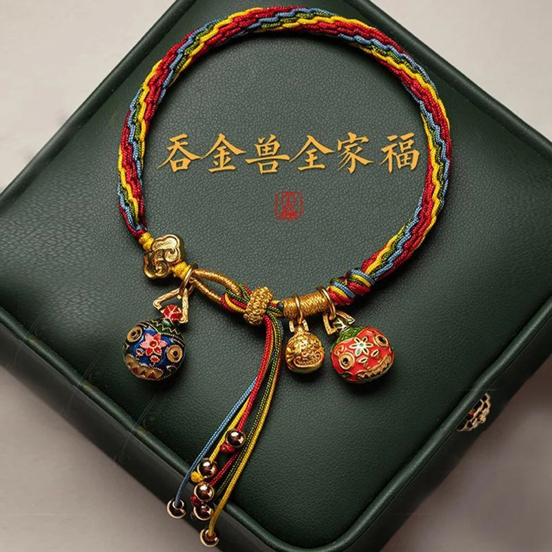铜合金布艺手链 端午五彩绳成品手编绳本命年红绳吞金兽手工编织