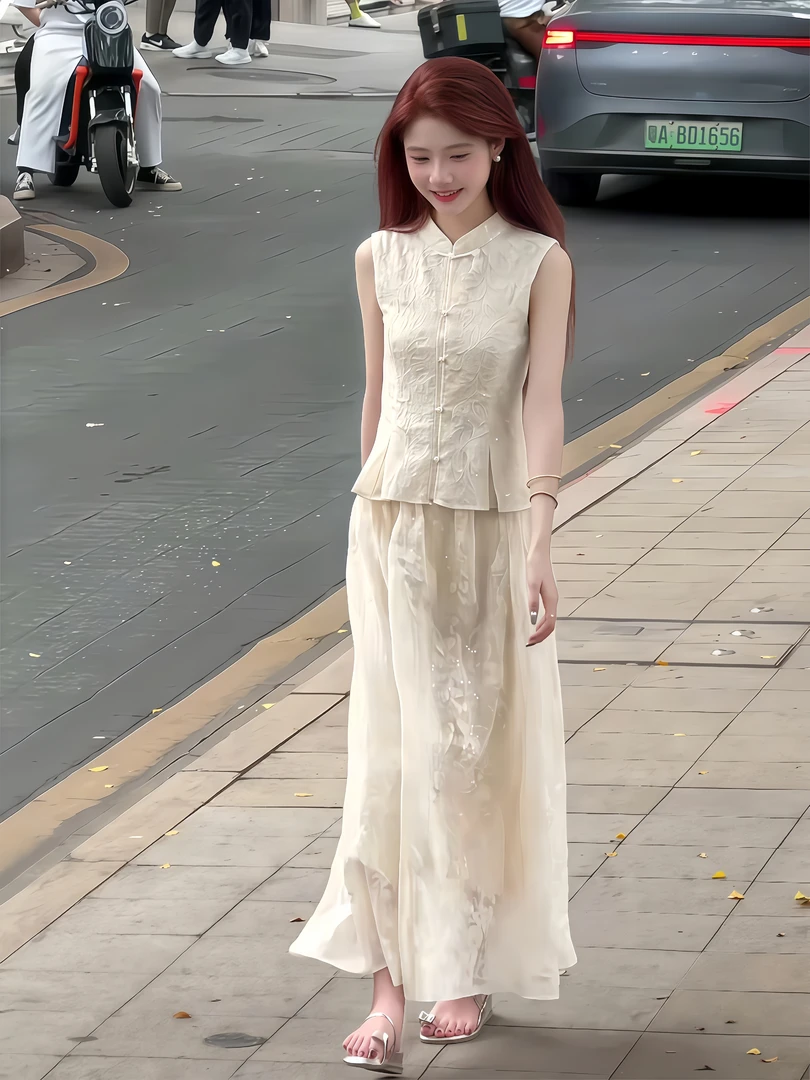 新中式国风时尚套装女2025夏季新款设计感无袖马甲上衣高腰半身裙