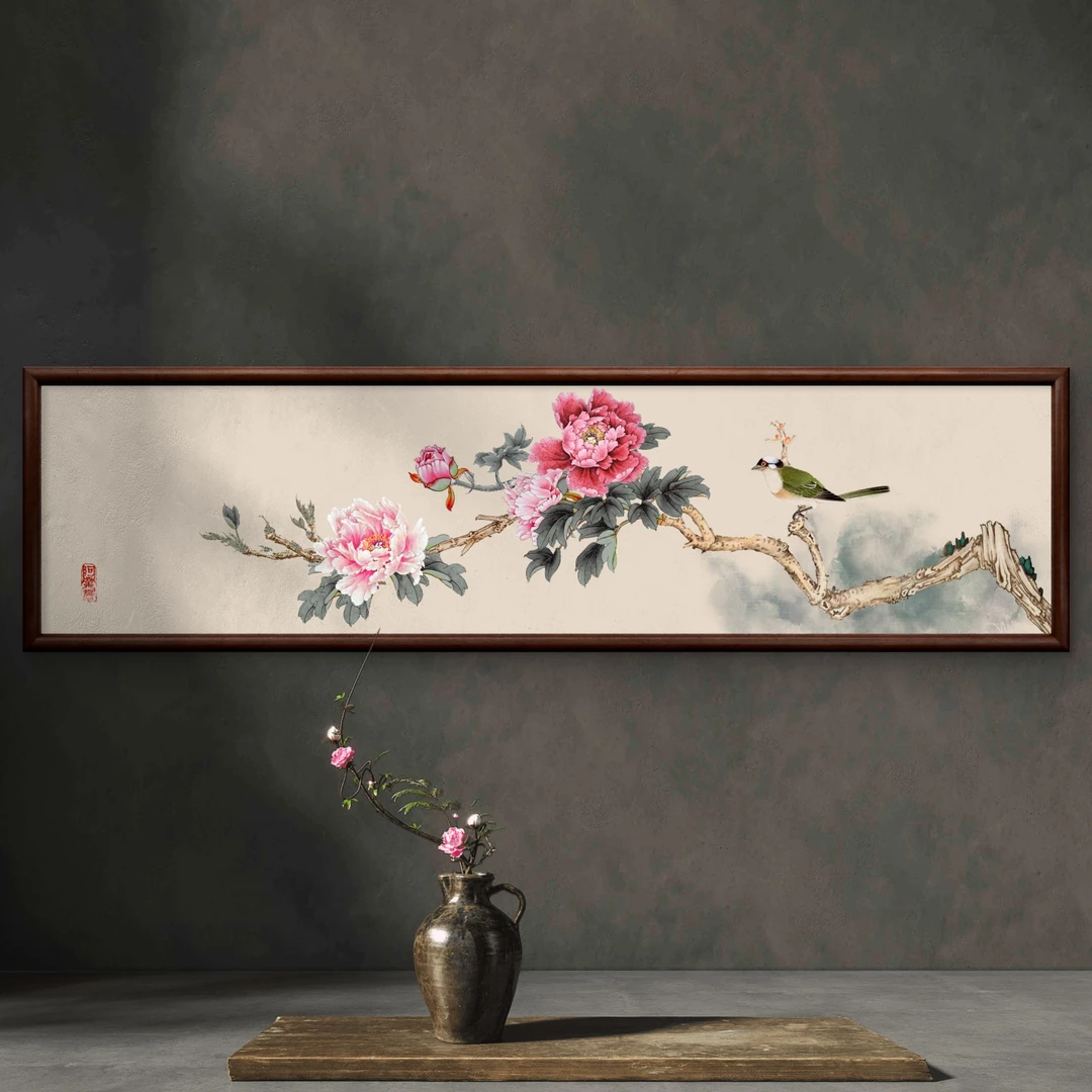 9888-40*150牡丹图中式实木框办公室玄关书房茶室客厅挂画
