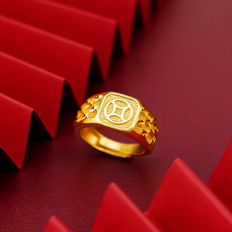 男款铜钱戒指金钱方戒 仿黄金开口戒拼多多