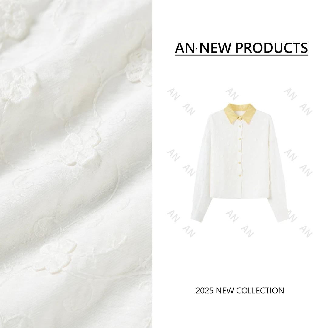 C03034洋气减龄宽松设计感别致小个子撞色领刺绣花朵衬衫